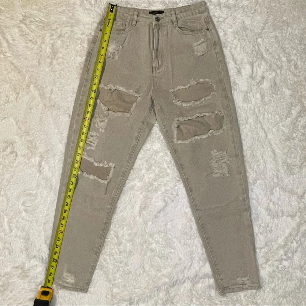 Missguided Tan Distressed Riot High Rise Mom Jeans. Size US 6.